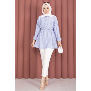 Blusa Larga y Corta para Mujer con Detalle de Encaje a Rayas Índigo, Camisa Túnica Informal de Algodón Popelina para Primavera/Verano, Talla XL - Product Image 3