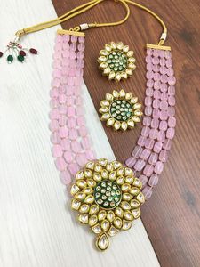 Elegant Designer Kundan Necklace and Matching <b>Stud</b> <b>Earrings</b> for Women Girls Multi-Strand Brass Jewelry for Parties Engagements - Product Image 4