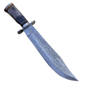 Cuchillo Bowie de Hoja Fija Hecho a Mano |   Cuchillo de Caza para Exteriores con Hoja Curva de Acero Inoxidable con Borde Dentado y Mango de Madera Pulido - Product Image 1