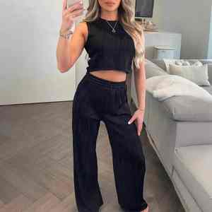Nouvel ensemble d'été pour les femmes Water Wave O Neck Sleeveless Short Vest Top Elastic Waist Straight Pants Office Lady Two-piece Sets - Product Image 3
