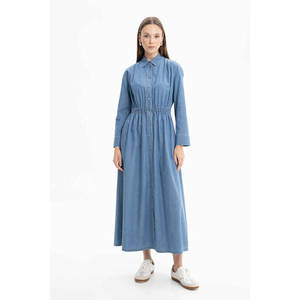 Women's Long Indigo <b>Denim</b> Trench <b>Coat</b> with Elastic Waist and Double Breasted Closure - Product Image 1