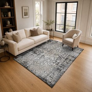 Tapis de salon LXDP-1015 gris argenté traditionnel oriental imprimé numériquement, lavable en machine, en chenille, antidérapant, vente en gros - Product Image 2
