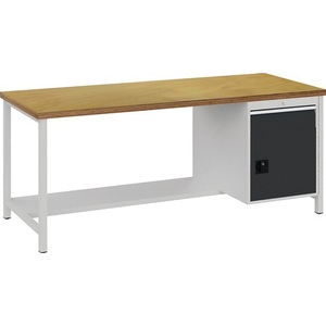 Banc de travail anthracite BEDRUNKA+HIRTH avec 1 tiroir et 1 porte en multiplex de hêtre 40 mm, 2000x859x750 mm, et armoire à outils gris clair - Product Image 1
