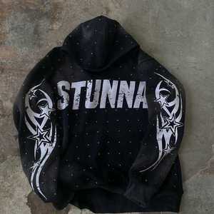 เสื้อฮู้ดสวมหัวโลโก้คริสตัลประกายระยิบระยับขนาดใหญ่พิมพ์ลายดิจิตัลและผ้าไหมสำหรับแบรนด์สตรีท - Product Image 5