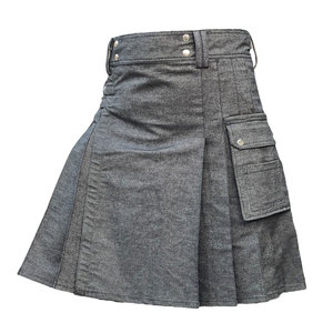 Kilt utilitaire en denim gris pour homme, style écossais, devant uni, poches cargo, kilt en gros 2026 - Product Image 1