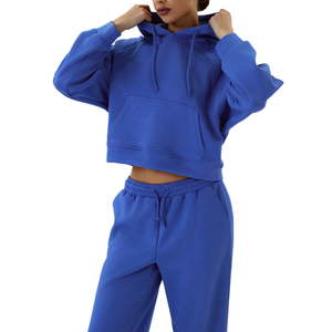 Tenues d'entraînement à manches longues fermeture éclair haut court à capuche et pantalon à jambes larges femmes survêtements deux pièces personnalisés ensemble pour les femmes - Product Image 1