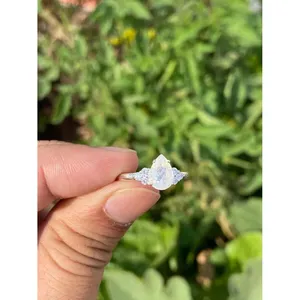 925 Silver Boho Statement <b>Ring</b> with Pear Cut Moonstone Rhodium Plated Engagement Gemstone <b>Ring</b> - Product Image 3