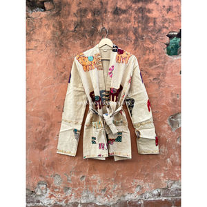 Bata de baño corta con estampado de animales para mujer, abrigo de algodón tejido a mano, kanta étnica, chaqueta de invierno hecha a mano, venta al por mayor - Product Image 3