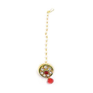 Collier indien Matha Teeka Borla en pierre rouge et blanche, orné de perles et de lignes vertes, avec perle suspendue, pour filles et femmes - Product Image 1