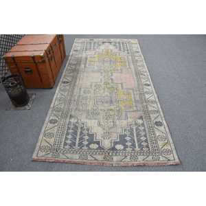 Alfombra Turca Vintage de Lana de 4.4x9 pies, Diseño Tradicional Ecológico, Azul con Parches y Base de Látex - Product Image 1