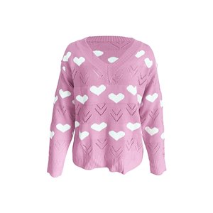 Pull tricoté à manches longues pour femme, pour la saint-valentin, col en v, motif cœur - Product Image 1