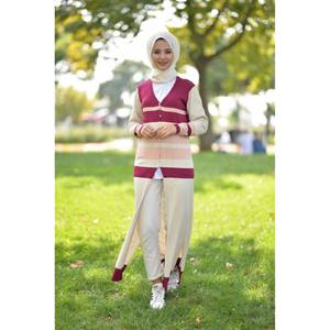 Vestido Casual Largo de Punto con Detalle de Botones y Patrón a Rayas Crochet - Product Image 3