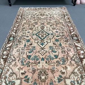 Turkish Vintage Rug, 2.6x8.4 ft Runner Rug, <b>Brown</b> Blue Oriental <b>Wool</b> Rug - Product Image 4