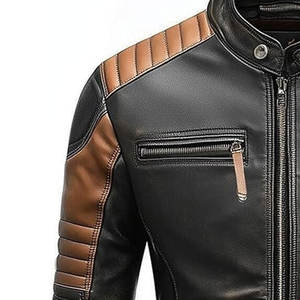 เสื้อแจ็คเก็ตผู้ชายแฟชั่นฤดูใบไม้ร่วงฤดูหนาวสไตล์วินเทจ หนัง PU สีพื้น ซิป ปรับขนาดได้ คอตั้ง สไตล์ลำลอง โลโก้ด้านหน้า กันน้ำ - Product Image 3
