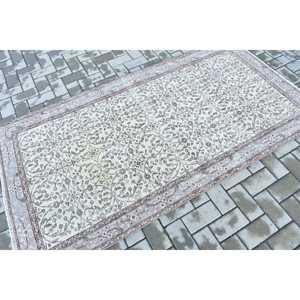 Tapis turc vintage 3,6 x 6,8 pieds, tapis de sol, tapis en laine blanc et marron à bordures - Product Image 2