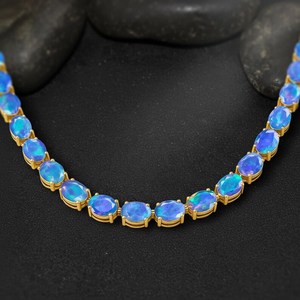 Collar de Tenis con Gema Ovalada de Ópalo Etíope Azul Genuino, Plata de Ley 925, Chapado en Oro de 14k, Certificado IGI, para Niños y Mamá - Product Image 2