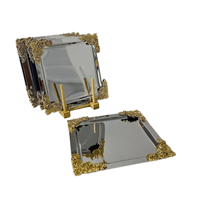 Plateau en acier inoxydable martelé ovale fabriqué à la main avec poignée florale dorée Service de luxe artistique - Product Image 3