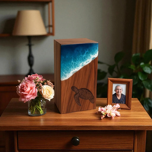 Urna de madera hecha a mano con olas del océano y caja de cremación funeraria con incrustaciones de diseño de tortuga marina - Product Image 4