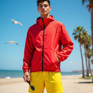 ชุดเสื้อกันลมขาสั้นสำหรับผู้ชายชุดเสื้อแจ็คเก็ตแบบมีซิปรูดซิปไนล่อนกันน้ำสีทึบกันลมแบบกำหนดเอง - Product Image 4