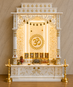 Mandir de Pooja de Madera de Teca Moderno y Personalizado, con Om y Chakra, Duradero, Hecho a Mano, Templo para el Hogar, Almacenamiento, Muebles Personalizados para el Hogar, India - Product Image 1