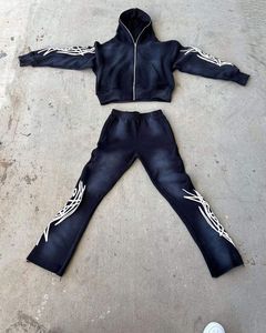 Vintage Unisex Plus Size Acid Wash Fleece Breathable <b>Tracksuits</b> 100% Cotton Flare Hoodie Set Distressed Patch Embroidered Sun - Product Image 3