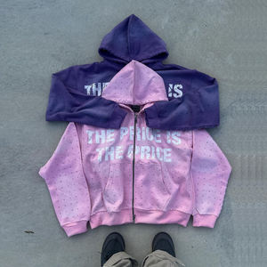 Sudadera con capucha de algodón pesado de felpa francesa, personalizada, ecológica, con cremallera completa, efecto desgastado, pedrería y lavado a la piedra, estilo corto, para invierno - Product Image 4