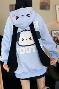 สเวตเชิ้ตกีฬาแบบลำลองมีฮู้ดสำหรับผู้หญิงเสื้อฮู้ดการ์ตูนยาวมีหูยาวลายการ์ตูนน่ารักสไตล์ใหม่
