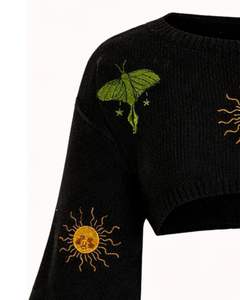 Suéter Corto de Punto Negro con Bordado de Sol y Luna para Mujer, Manga Larga Acampanada, Estilo Bohemio Gótico, Top de Moda de Invierno para Ropa de Calle y Fiestas - Product Image 5