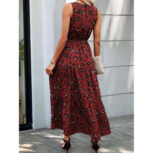 Women's Sleeveless Crew Neck <b>Elastic</b> Waist Patterned Single Jersey <b>Dress</b>, 34960 - Red - Product Image 5