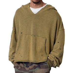 Top trendy <b>V</b>-neck High Quality Vintage Ripped Blank Drop Shoulder French Terry Acid <b>Wash</b> Distressed Cropped Hoodie Men - Product Image 1