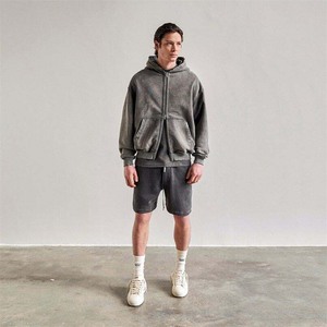 Streetwear de los hombres Vintage de gran tamaño de logotipo personalizado de peso pesado francés Terry Zip completo lavado ácido de sudaderas con capucha - Product Image 3