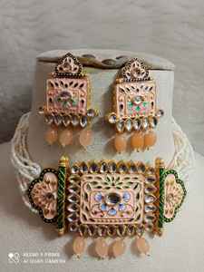 Ensemble de collier de luxe traditionnel Kundan Meena Imitation laiton plaqué rhodium matériel Design Unique perle chaîne de bambou mariage - Product Image 3