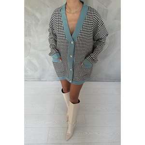 Cardigan décontracté noir en gros avec bordure en satin et motif pied-de-poule - Product Image 2