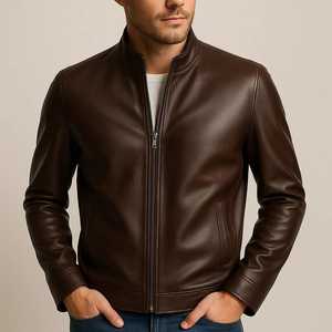 Men <b>Brown</b> <b>Leather</b> <b>Jacket</b> Slim Fit Moto Bomber Style Coated Stand Front Winter Breathable Windproof Outerwear Stylish Durable - Product Image 4