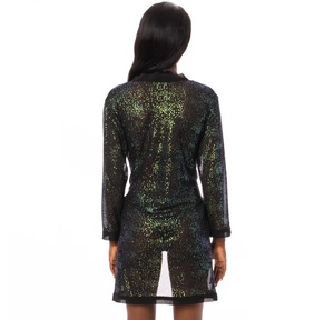 Front open black shimmer short Quarter sleeve beach party cover up with waist tie belt - Product Image 3