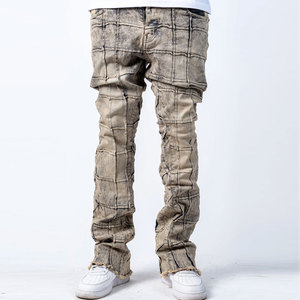 Mens Designer Stacked Jeans Fashion Streetwear <b>Plaid</b> Print Slim Fit Casual Denim <b>Pants</b> Trendy Stylish Modern Trousers 2025 - Product Image 1