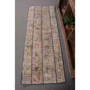 Alfombra de lana turca Vintage de 2,3x6,3 pies, tejido plano de retazos beige y azul para decoraciones de sala de estar con respaldo de látex - Product Image 1