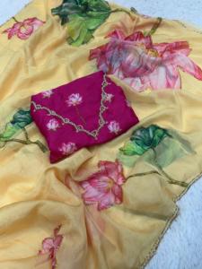 Premium Pure Soft Cut Dana Handwork Floral Printed Soft <b>Organza</b> Designer Saree Collection - Product Image 3