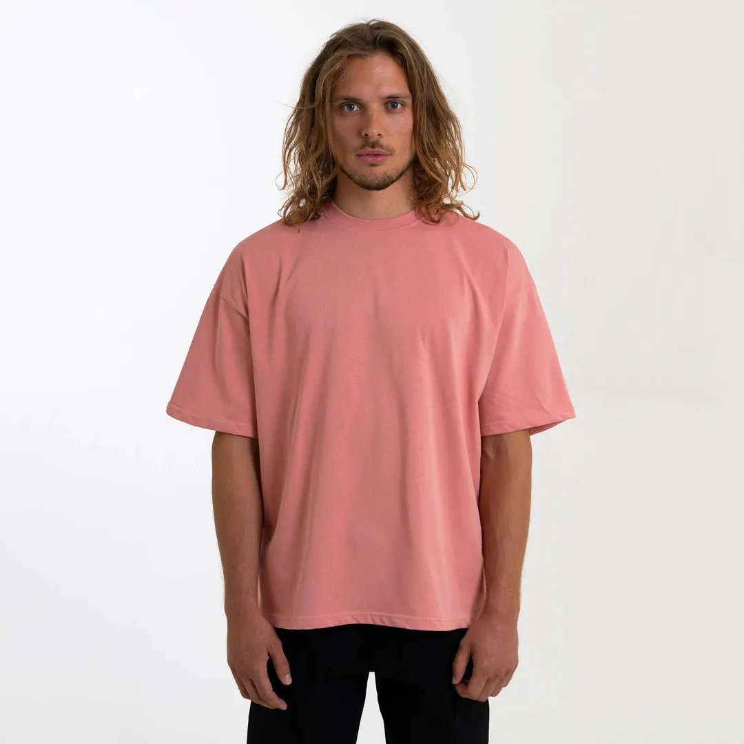 綿100% ジャージーミディアムウェイト半袖リブネックT-ピンクカラーメンズクラシック特大Tシャツ