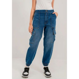 Pantalons cargo en denim à taille haute à la mode sur mesure pour femmes, couleur unie, jeans respirants avec style à devant plat, service OEM - Product Image 1