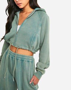 Ensemble de survêtement deux pièces en molleton français personnalisé pour femmes, streetwear, haute qualité, sweat-shirt court à fermeture éclair, pantalon de survêtement à jambes larges, 100% - Product Image 3