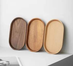 Vente en gros, plateau de service rond en bois de noyer brun rustique de petite taille personnalisé avec poignées, plateaux pour sarfophages naturels - Product Image 5