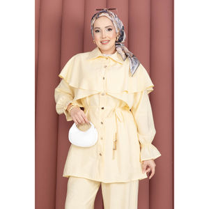 Conjunto de Túnica y Pantalones Amarillos con Botones, Diseño Capa, Ajuste Holgado Casual, Tejido de Algodón y Spandex, Perfecto para Verano y Otoño, con Abertura Superior - Product Image 2