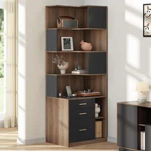 Libreria Angolare a L in Legno di Noce, Scaffale Geometrico Asimmetrico Alto con 3 Cassetti, Vetrina per Ufficio e Casa - Product Image 6