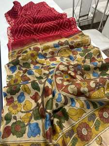 Saree numérique en lin imprimé Kalamkari avec Bandhani Pallu et glands fantaisie Saree complet de style ethnique et chemisier pour les fêtes - Product Image 3