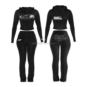 Conjunto Deportivo Casual de 2 Piezas para Mujer: Chaqueta Corta con Capucha y Pantalones Ajustados con Cordón, Chándal Básico de Corte Ajustado y Sólido - Product Image 6