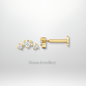 Boucles d'oreilles de luxe Trio Diamond Curve Stud 14K 18K Solid Gold VVS DEF Real Lab Grown and Natural Diamonds IGI GIA Certified - Product Image 3