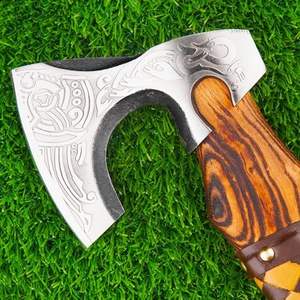 Hacha Vikinga Miniatura Forjada a Mano SCL de 14 Pulgadas con Mango de Madera de Fresno y Envoltura de Cuero Multitono, Nueva Cabeza de Hacha con Grabado - Product Image 4