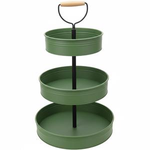 Plateau de service en métal blanc de qualité supérieure à 3 niveaux avec revêtement en poudre, avec poignée en bois et centre rond noir - Product Image 2