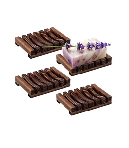 Porte-savon, lot de 4 supports carrés en bois en vrac avec drain, support de porte-savon à main en bambou, économiseur de cèdre pour la douche, en bois - Product Image 1